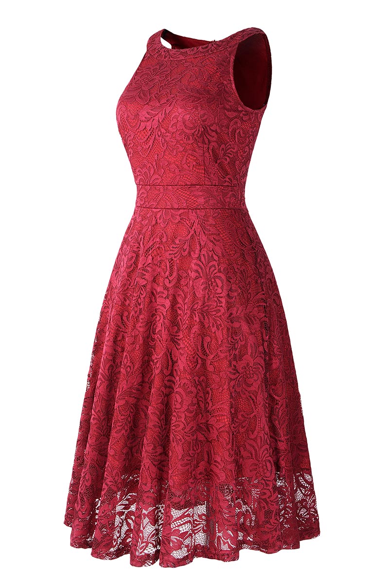 Burgundy Lace A-line Sleeveless Cocktail Dress - Fashionpara
