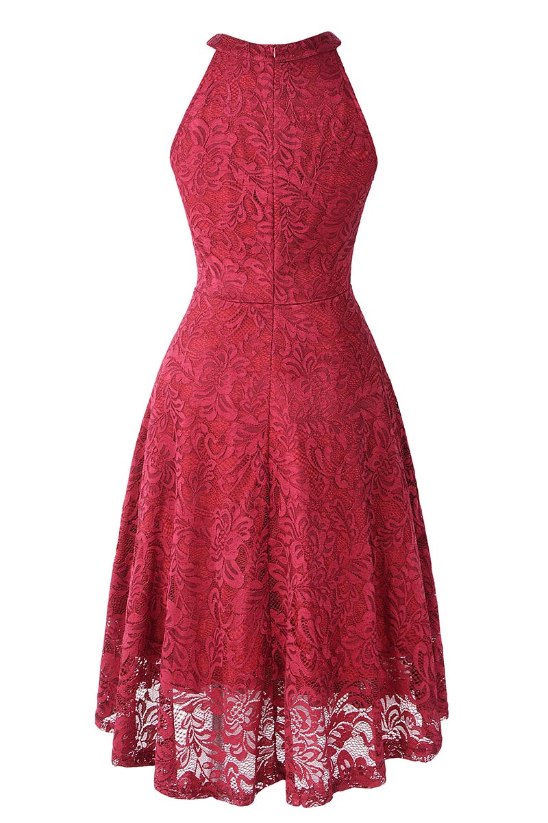 Burgundy Lace A-line Sleeveless Cocktail Dress - Fashionpara