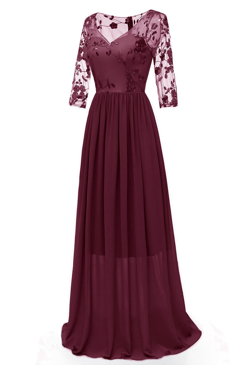 Burgundy Long A-line Long Sleeves Prom Dress With Appliques - Fashionpara