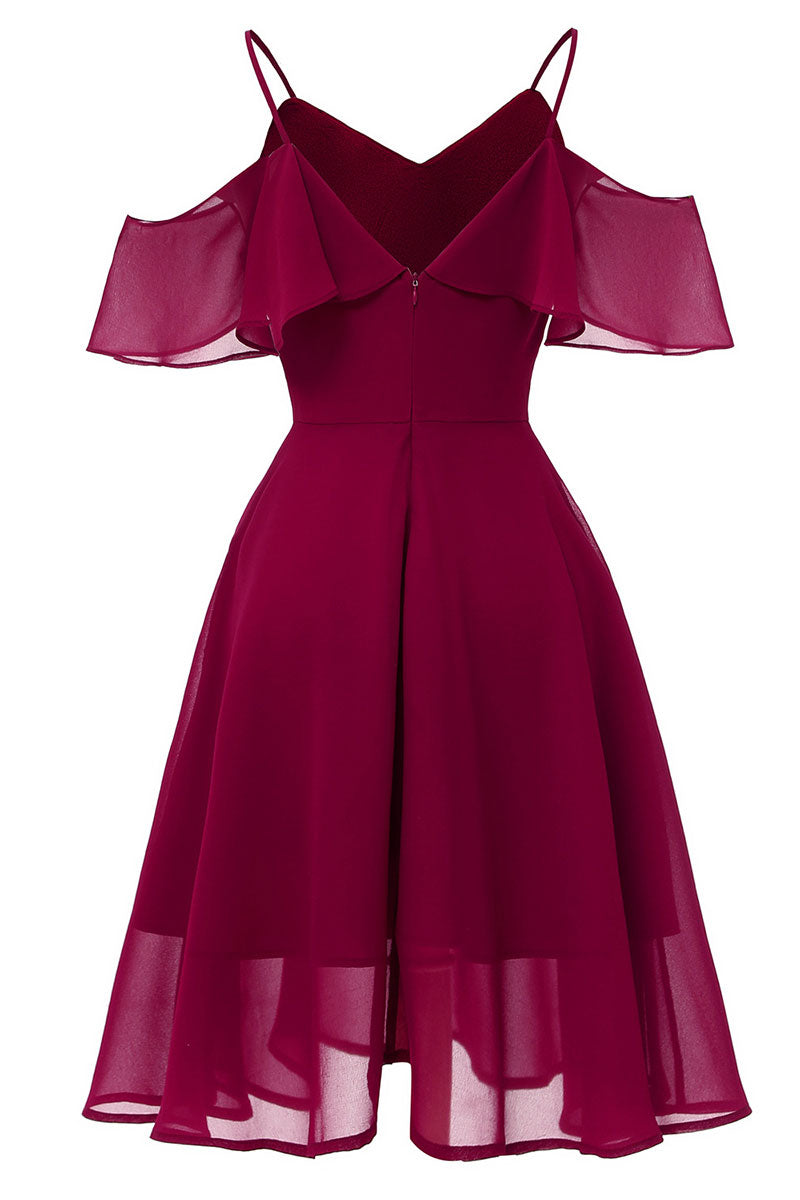 Burgundy Off-the-shoulder A-line Spaghetti Strap Prom Dress - Fashionpara