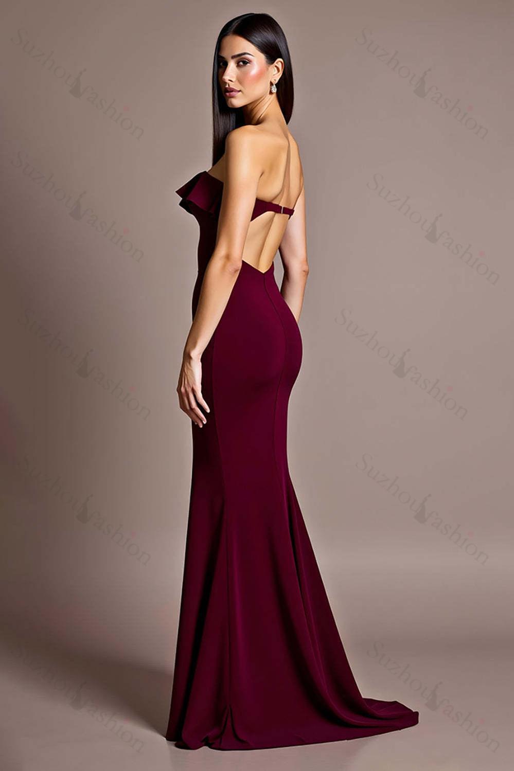 Burgundy Prom Dress Satin Mermaid Backless Strapless Formal Dress