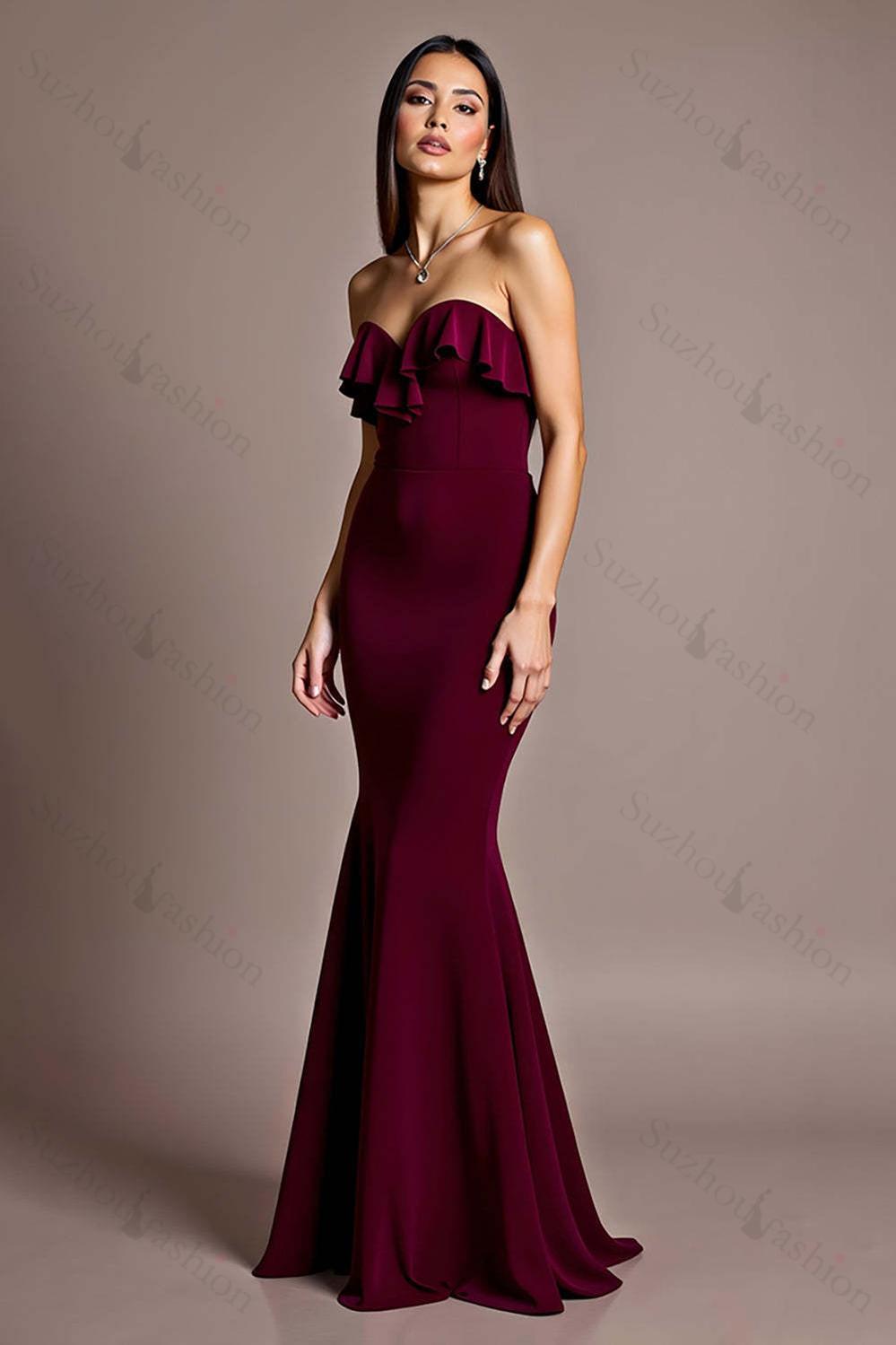 Burgundy Prom Dress Satin Mermaid Backless Strapless Formal Dress