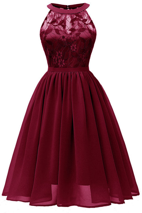 Burgundy Sleeveless A-line Lace Prom Dress - Fashionpara