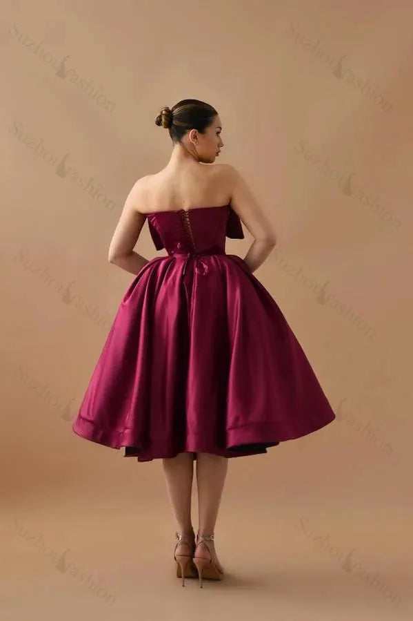 Burgundy Strapless Homecoming Dress A Line Satin Tea Length Formal Dresses