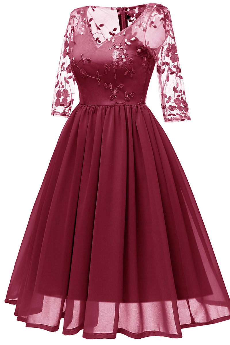 Champagne V-neck A-line Applique Prom Dress With Sleeves - Fashionpara