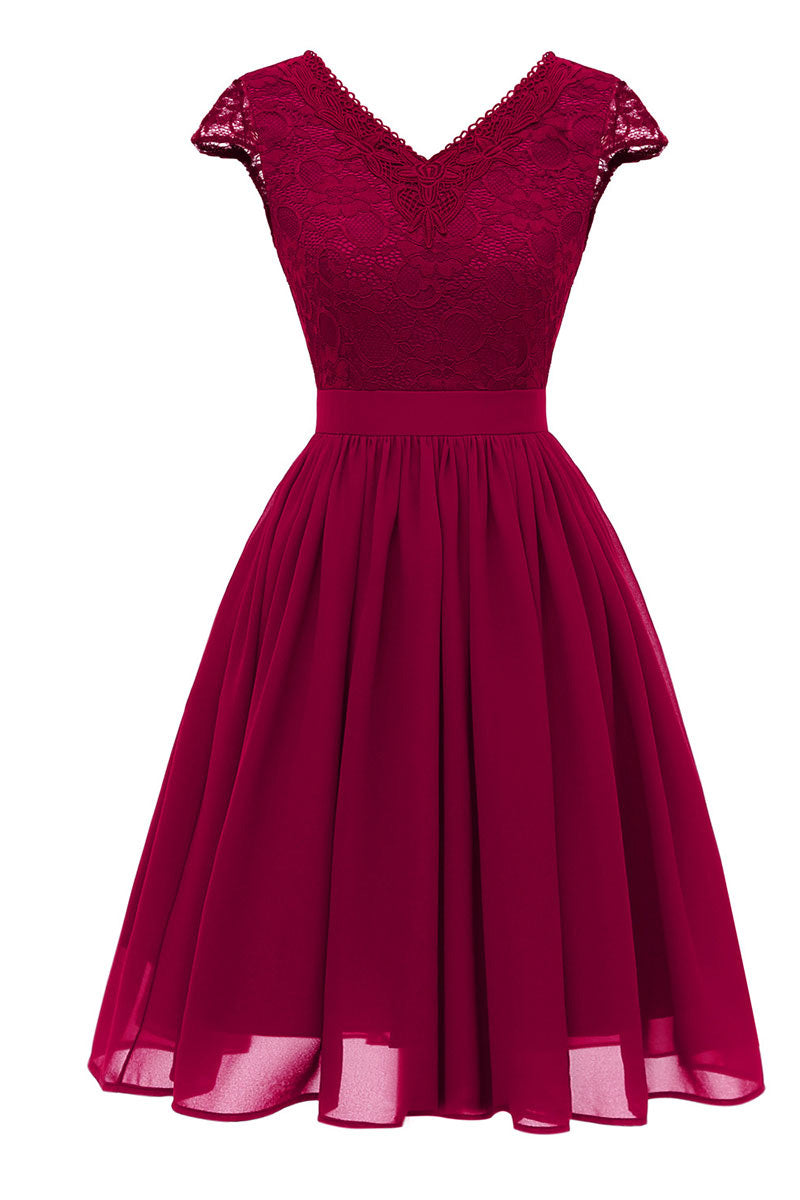 Burgundy V-neck Lace Homecoming Prom Dress - Fashionpara