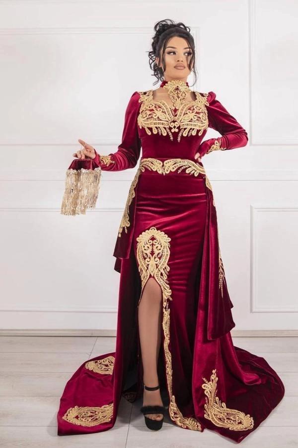 Burgundy Velvet Christmas Party Dress Lace Appliques Long Sleeve Formal Dress With Detachable Train