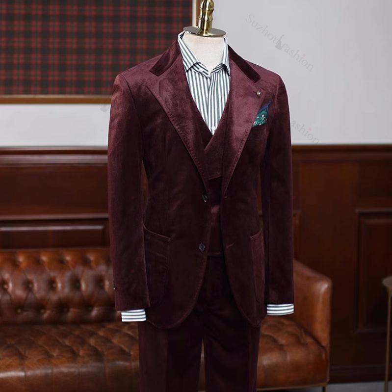 Burgundy Velvet Three Piece Notched Lapel Prom Suit