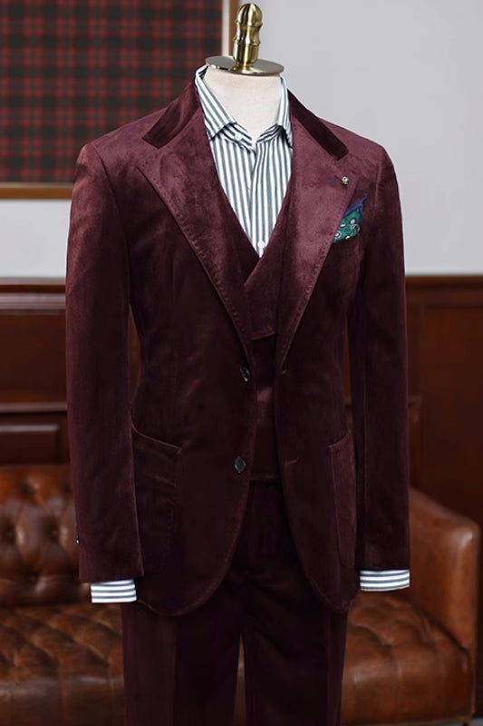 Burgundy Velvet Three Piece Notched Lapel Prom Suit