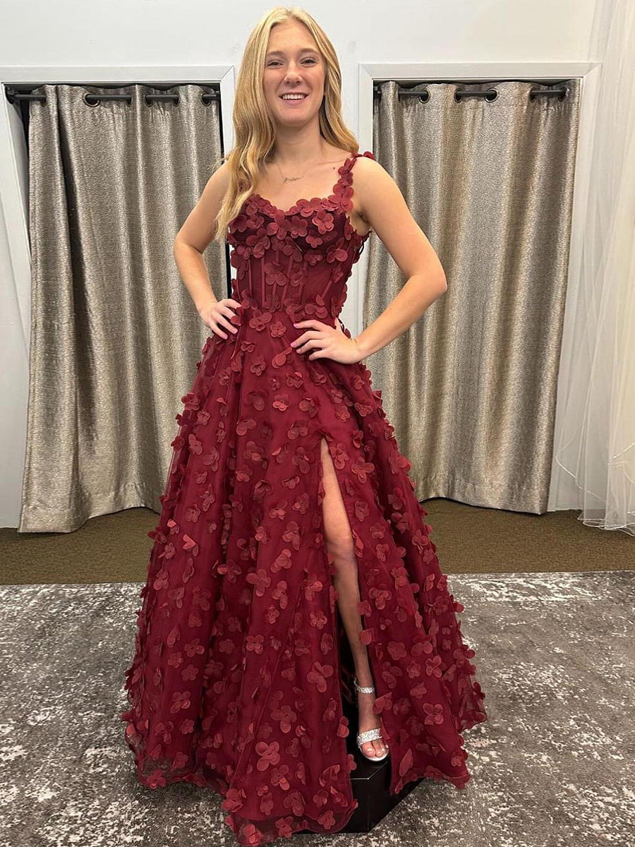 Burgundy 3D Floral Appliqu� Corset Prom Dress with Slit - FashionDia