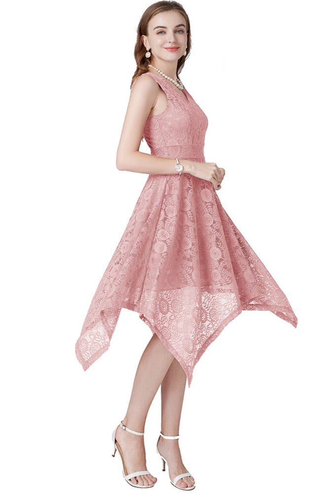 Burgundy A-Line Lace V-Neck Cocktail Party Dress - Fashionpara