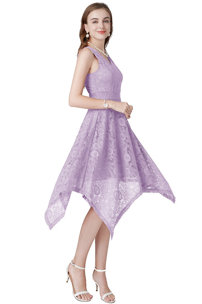 Burgundy A-Line Lace V-Neck Cocktail Party Dress - Fashionpara