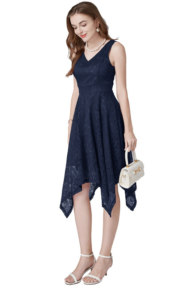 Burgundy A-Line Lace V-Neck Cocktail Party Dress - Fashionpara