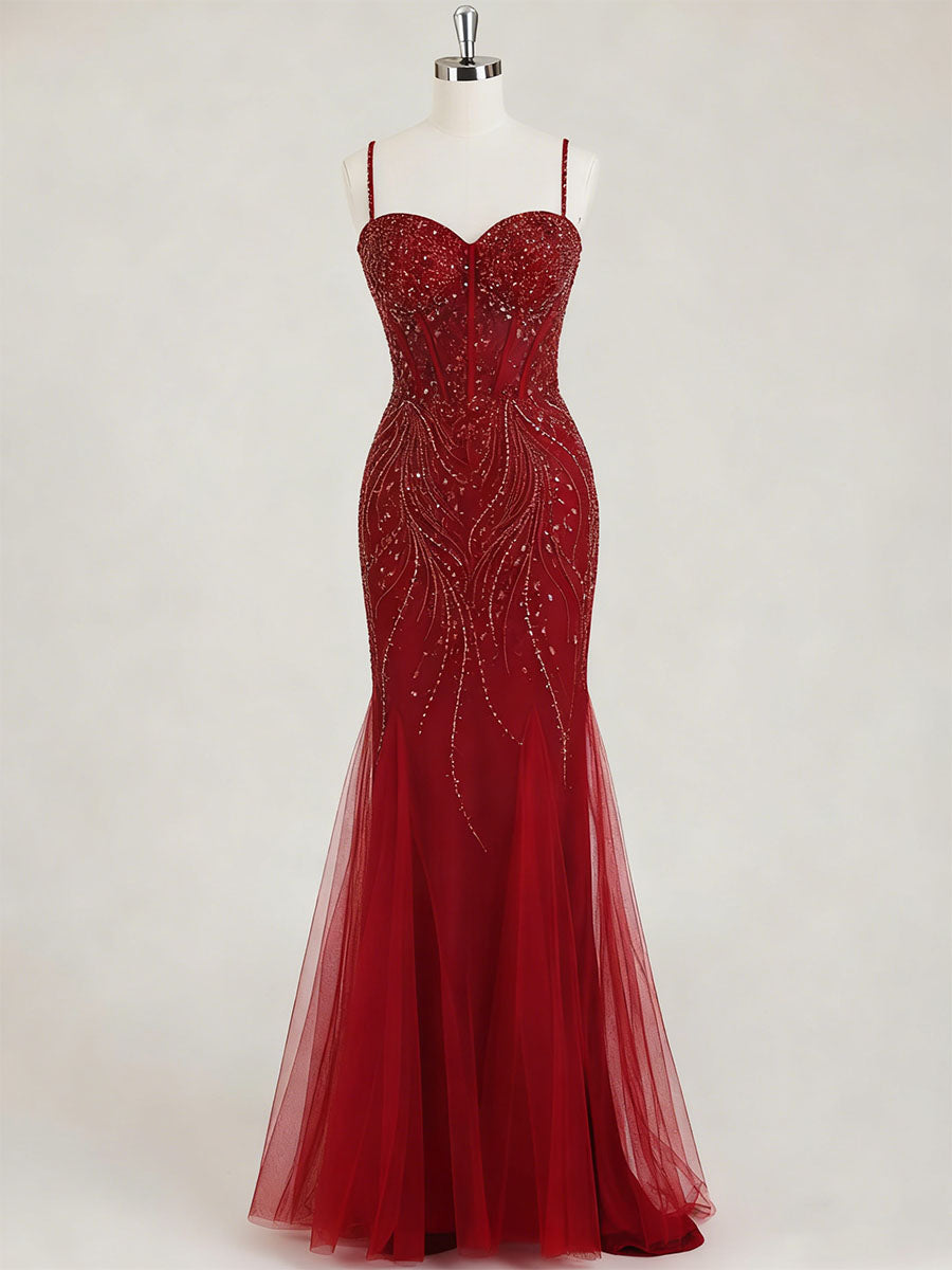 Burgundy Beaded Mermaid Tulle Prom Dress with Sheer Corset - FashionDia