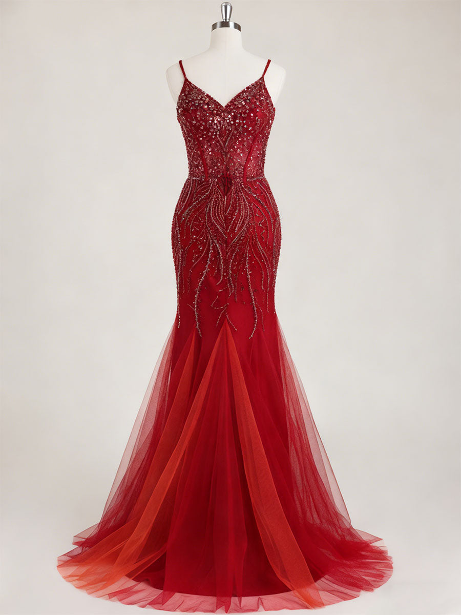 Burgundy Beaded Mermaid Tulle Prom Dress with Sheer Corset