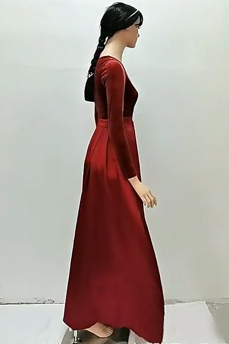 Burgundy Deep V-Neck Long Sleeve A-Line Evening Prom Dresses - Fashionpara