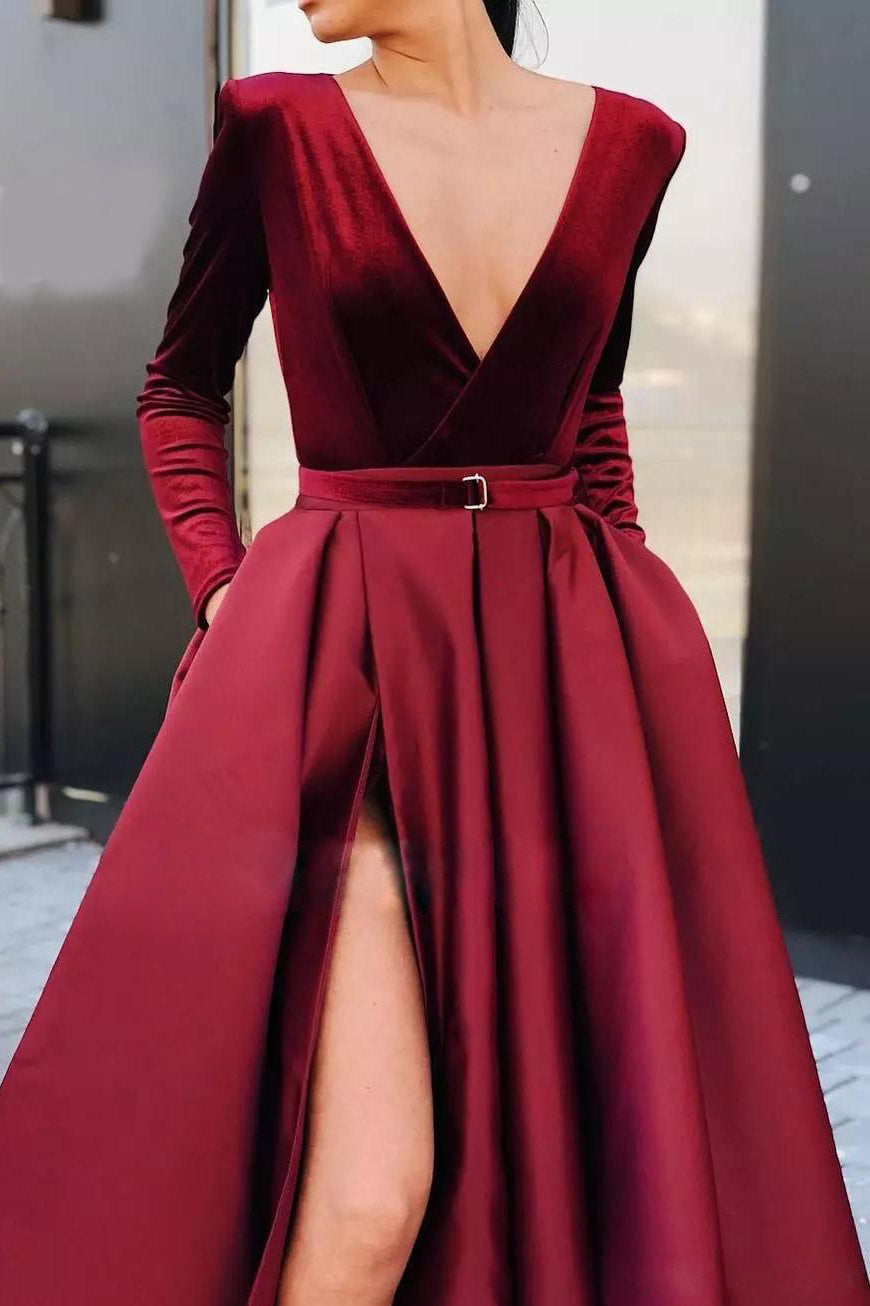Burgundy Deep V-Neck Long Sleeve A-Line Evening Prom Dresses - Fashionpara
