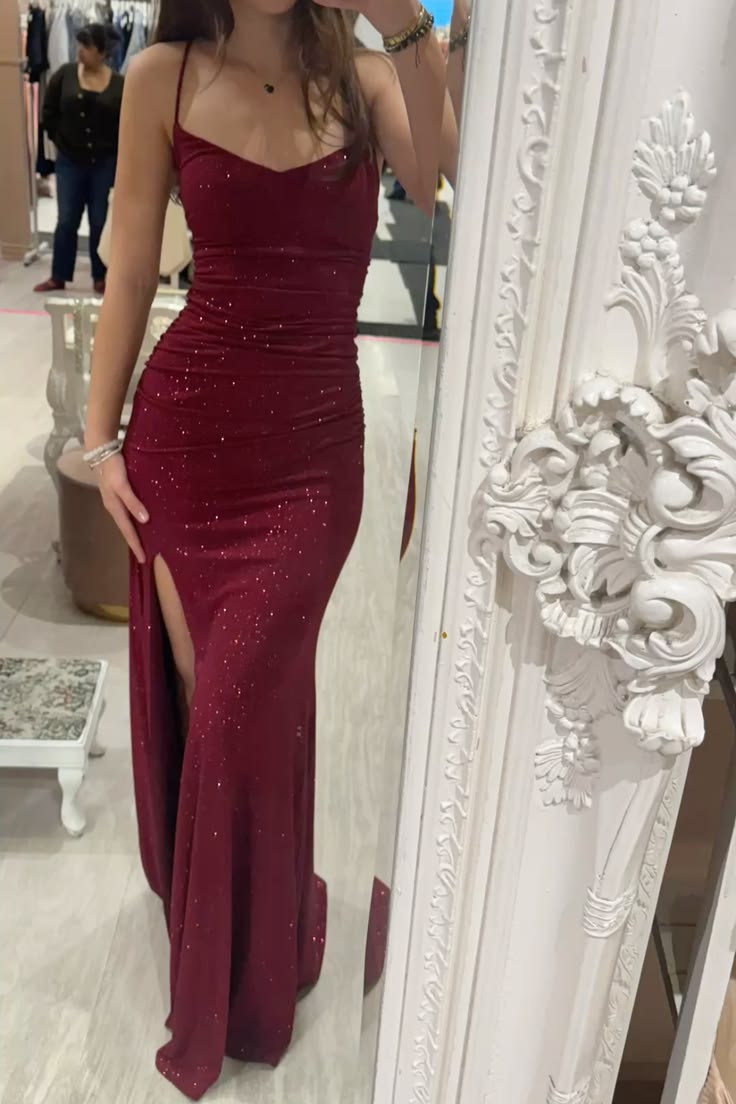 Burgundy Mermaid Prom Dress Sparkle Evening Dress With Slit
