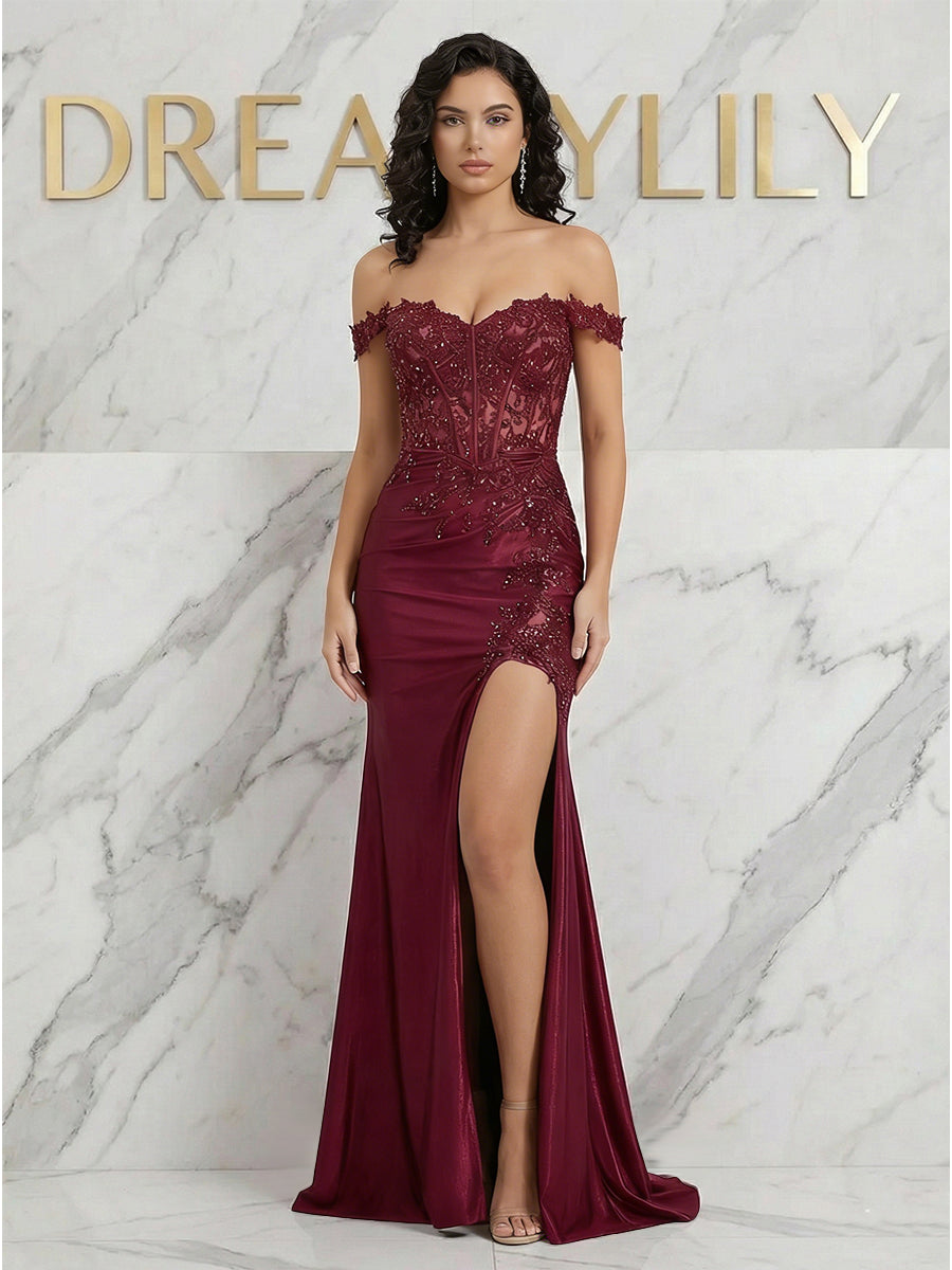 Burgundy Off-the-Shoulder Lace Corset Prom Dress with Slit - FashionDia