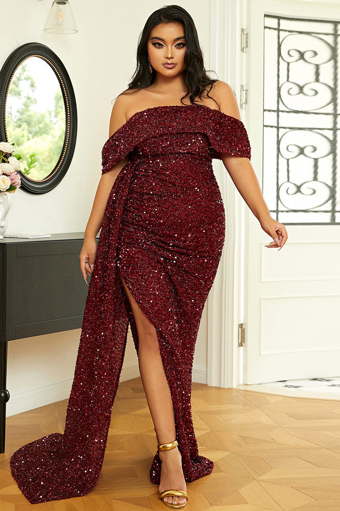 Plus Size Burgundy Off Shoulder Formal Gown Prom Dress - Fashionpara