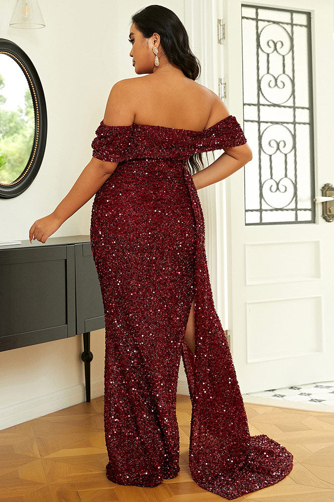 Plus Size Burgundy Off Shoulder Formal Gown Prom Dress - Fashionpara
