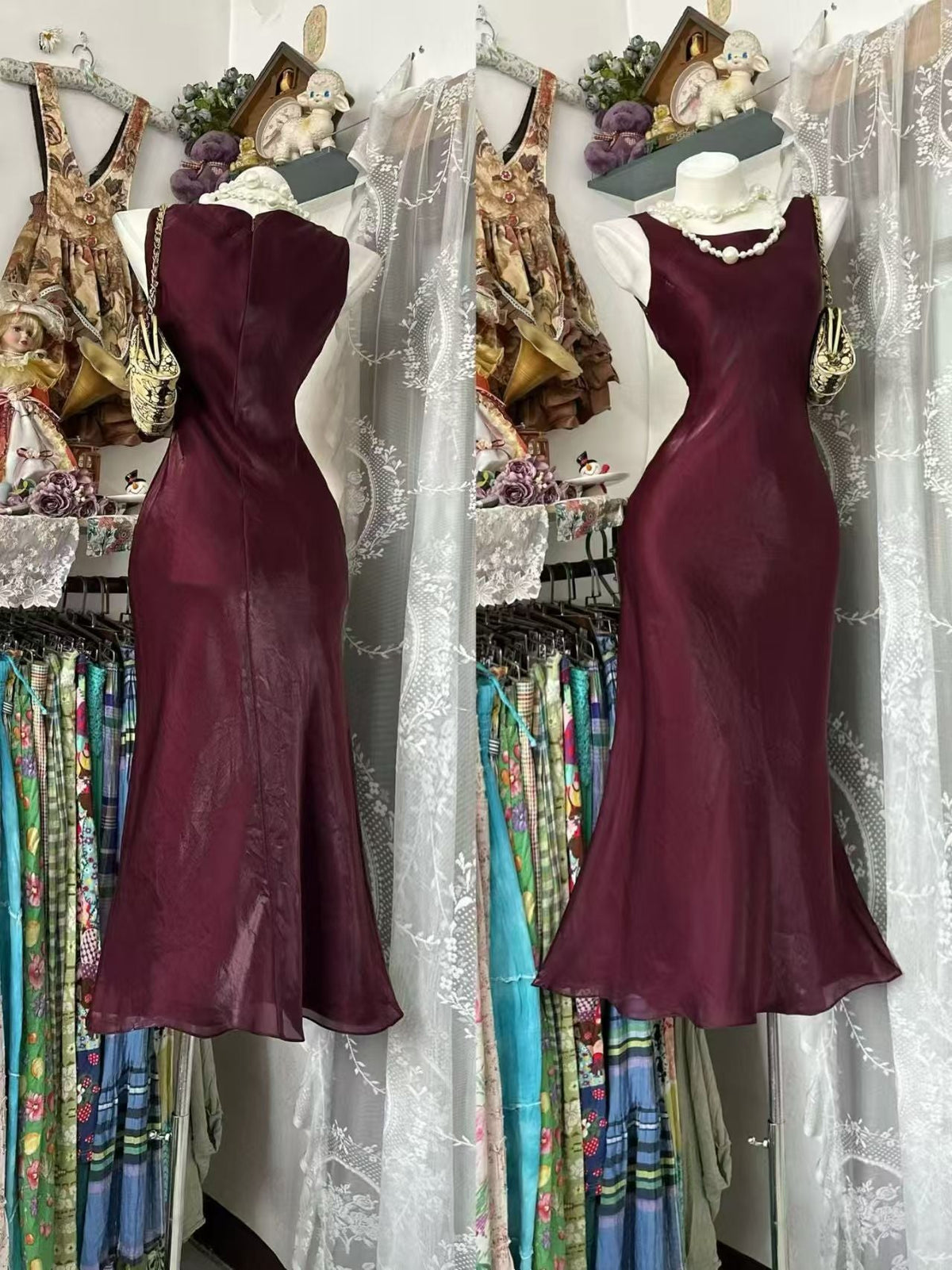 Burgundy Satin Mermaid Evening Dress Birthday Dress
