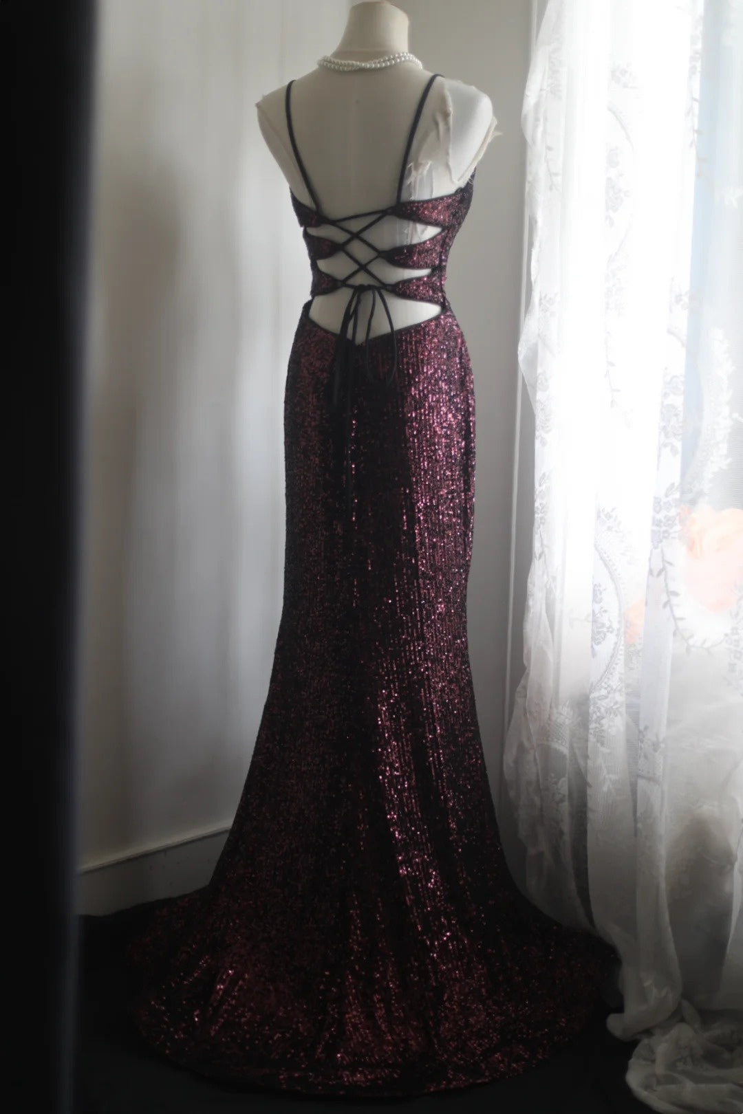 Burgundy Sequin Mermaid Prom Dress With Slit Sparkle Evening Gown