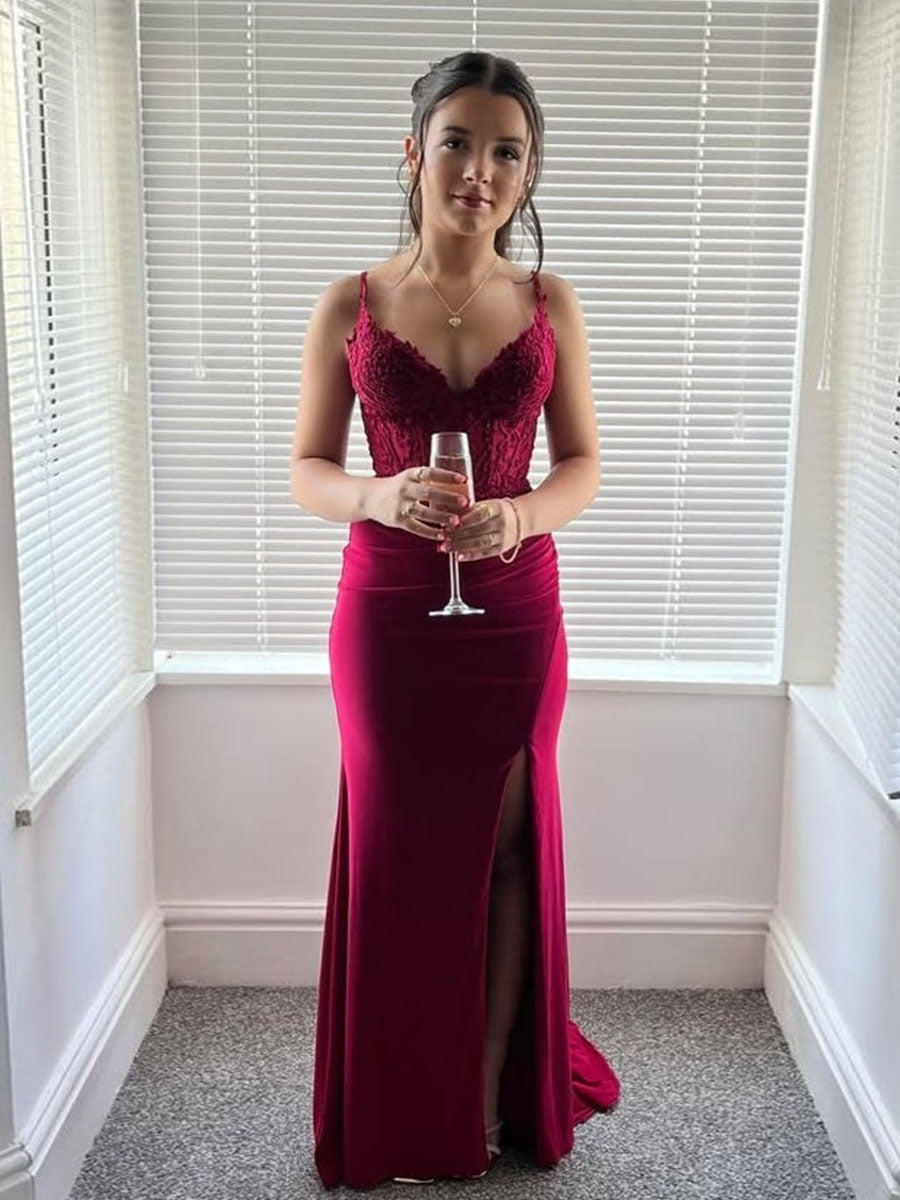 Burgundy Spaghetti Strap Floral Lace Bodice Prom Dress with Slit - FashionDia