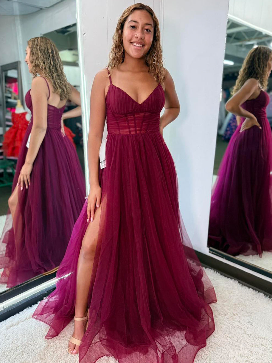 Burgundy Tulle Corset A-Line Long Prom Dress with High Slit - FashionDia