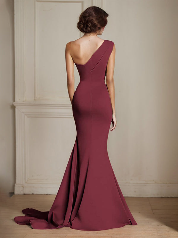 Elegant Khaki One Shouder Mermaid Ruched Long Satin Formal Dress