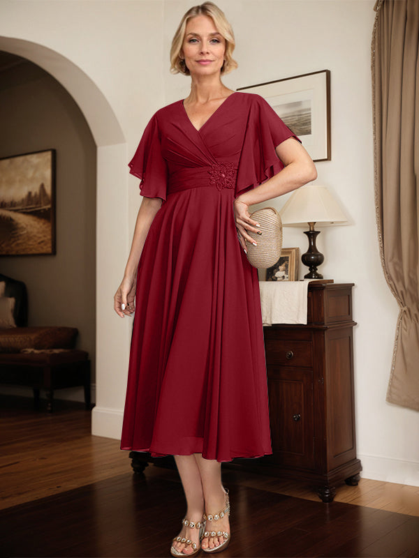 A-line V-Neck Tea-Length Chiffon Mother of the Bride Dress With Pleated Beading - View 9 | FashionDia