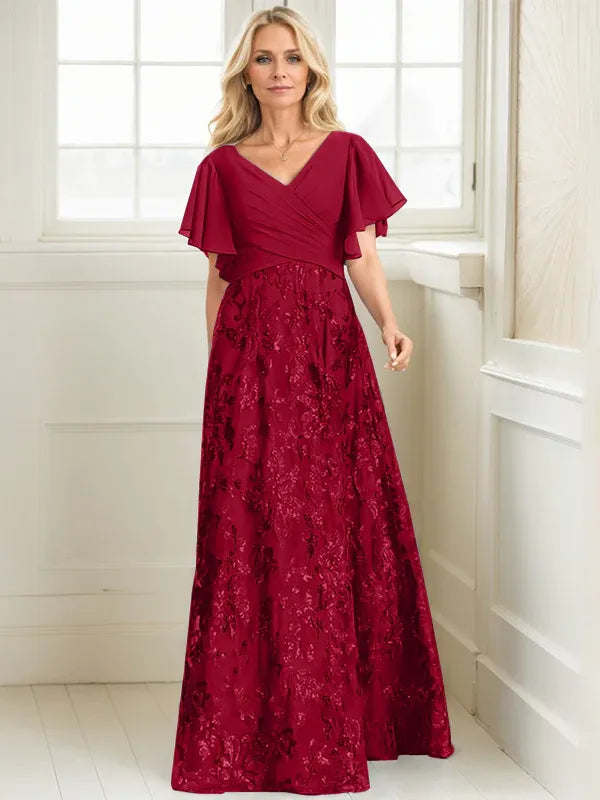 A-line V-Neck Floor-Length Lace Sequin Chiffon Mother of the Bride Dress With Pleated - View 5 | FashionDia