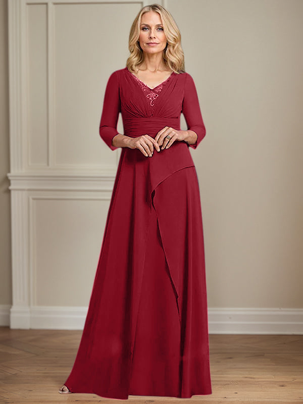A-line V-Neck Floor-Length Chiffon Mother of the Bride Dress With Pleated Beading - View 9 | FashionDia