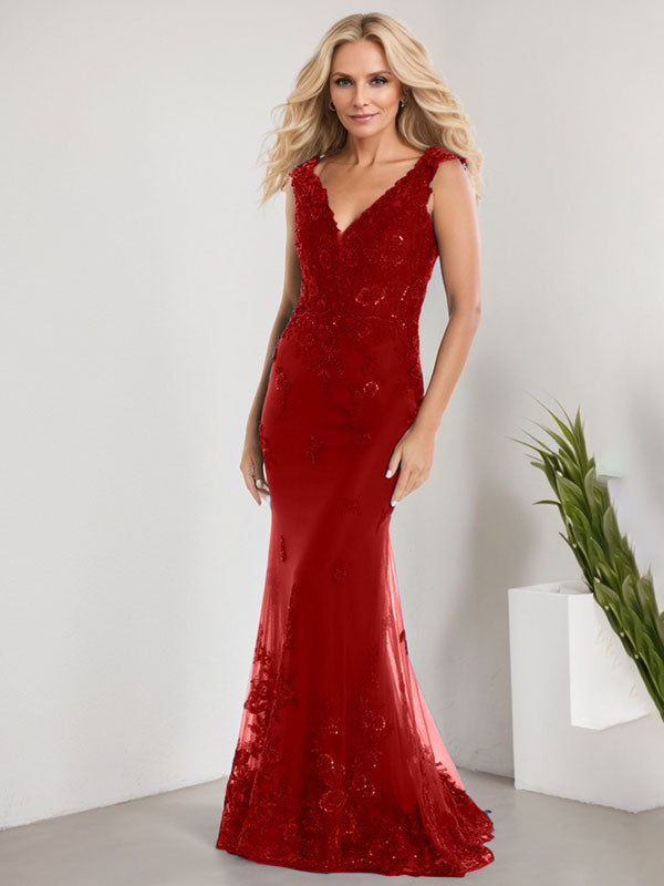 A-line V-Neck Floor-Length Lace Chiffon Mother of the Bride Dress With Applique Sequins Mermaid Dresses - View 8 | FashionDia