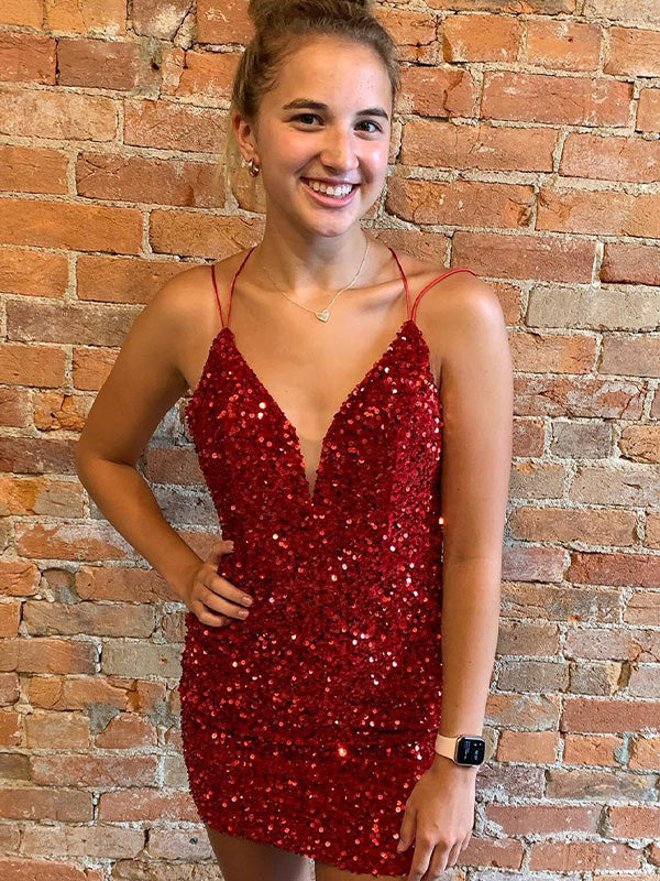 Burgundy Sequin Glitters Bodycon Short Homecoming Party Dress