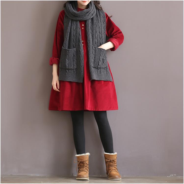 Burgundy retro corduroy dress elegant plus size cotton dresses oversize blouse