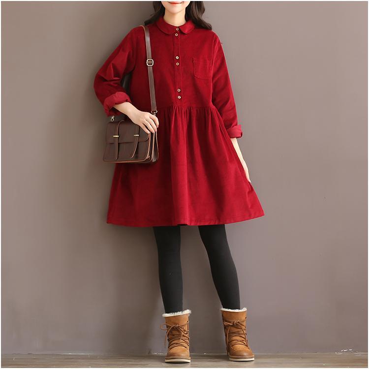 Burgundy retro corduroy dress elegant plus size cotton dresses oversize blouse