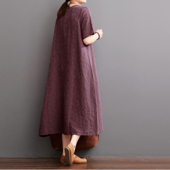 Burgundy summer linen dresses short sleeve maxi dress oversize