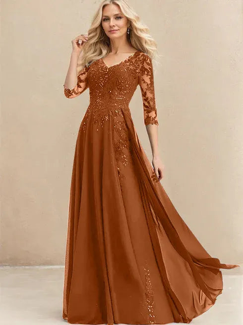 A-line V-Neck Floor-Length Lace Chiffon Mother of the Bride Dress With Sequins - View 10 | FashionDia