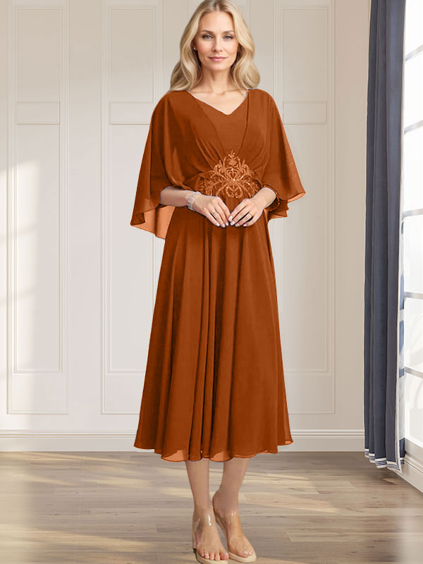 A-line V-Neck Tea-Length Chiffon Mother of the Bride Dress With Pleated Sequins Appliques Lace Beadind - View 12 | FashionDia