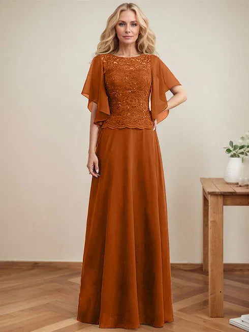 A-line Scoop Illusion Floor-Length Lace Chiffon Mother of the Bride Dress With Sequins - View 12 | FashionDia