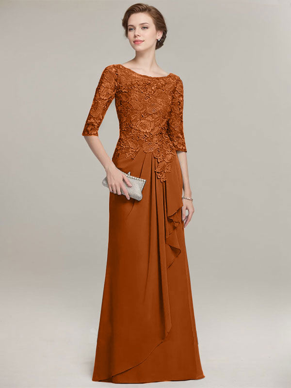 A-line Scoop Illusion Floor-Length Lace Chiffon Mother of the Bride Dress With Cascading Ruffles - View 12 | FashionDia