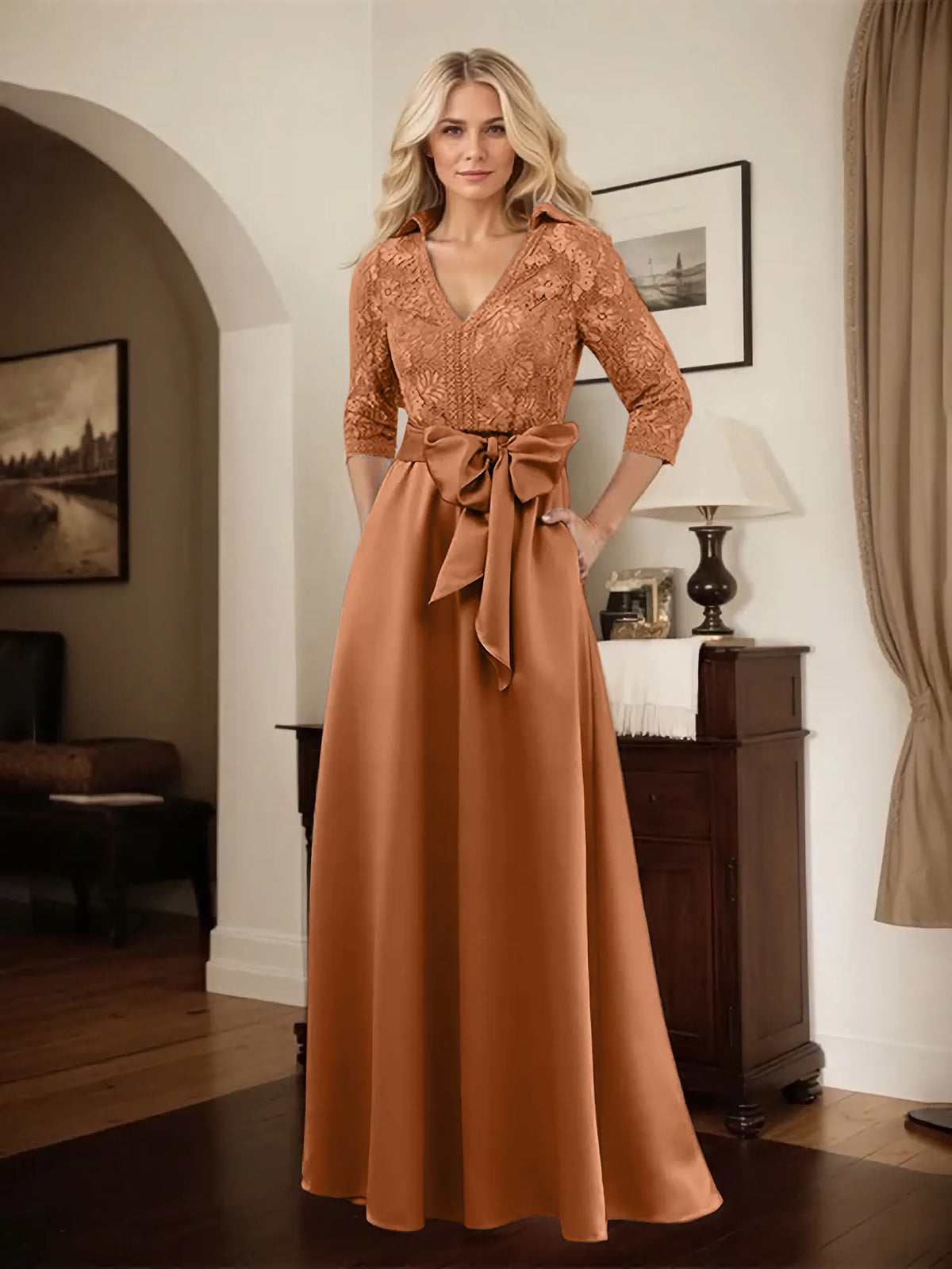 Classic V-Neck Bow Accented Satin Mother Of The Bride Dress With Lace - View 10 | FashionDia