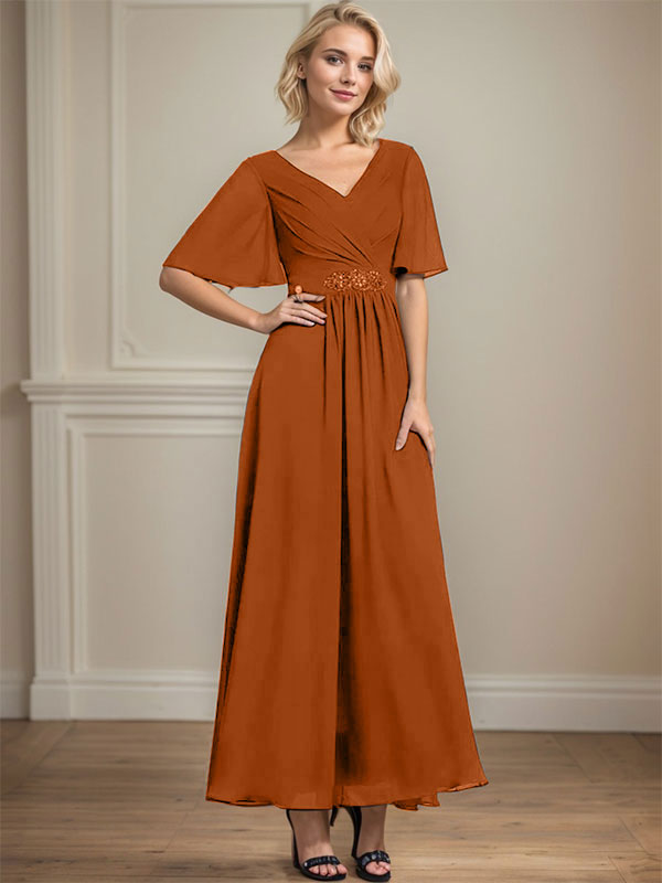 A-line V-Neck Ankle-Length Chiffon Mother of the Bride Dress With Pleated Beading Sequins - View 14 | FashionDia