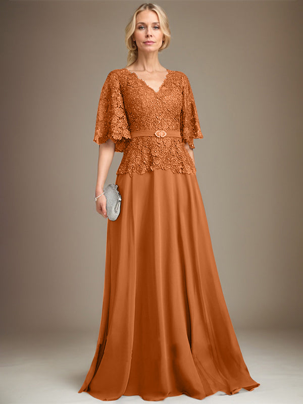A-line V-Neck Floor-Length Chiffon Lace Mother of the Bride Dress With Crystal Brooch Rhinestone - View 12 | FashionDia