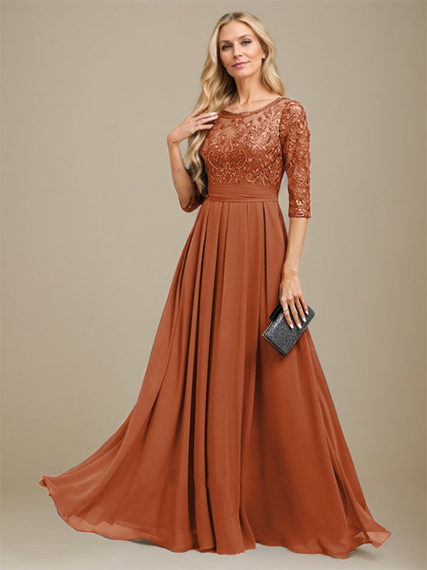 A-Line Scoop Floor-Length Lace Chiffon Mother Of the Bride Dress With Sequins Applique - View 12 | FashionDia