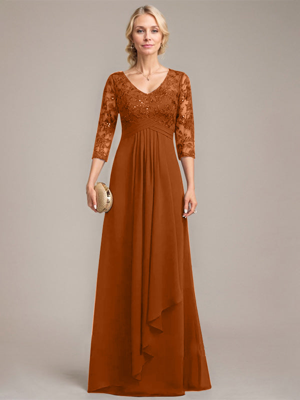 A-line V-Neck Floor-Length Lace Chiffon Mother of the Bride Dress With Cascading Ruffles Sequins - View 13 | FashionDia
