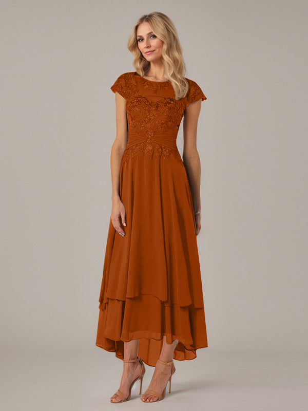 A-line Boat Neck Illusion Asymmetrical Chiffon Lace Mother of the Bride Dress With Applique Pleats - View 13 | FashionDia