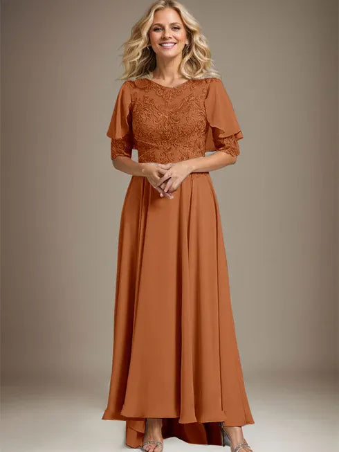 A-line Scoop Illusion Asymmetrical Chiffon Lace Mother of the Bride Dress With Beading - View 12 | FashionDia