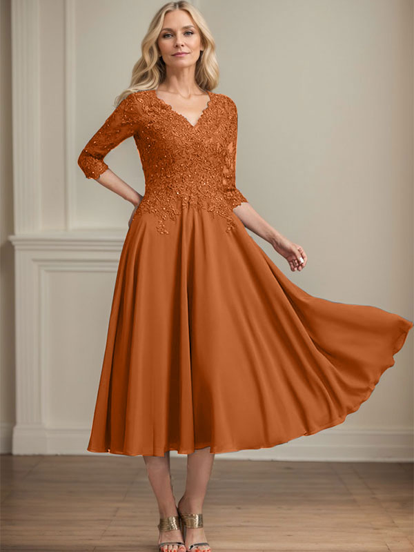 A-line V-Neck Tea-Length Chiffon Lace Mother of the Bride Dress With Beading Sequins - View 11 | FashionDia